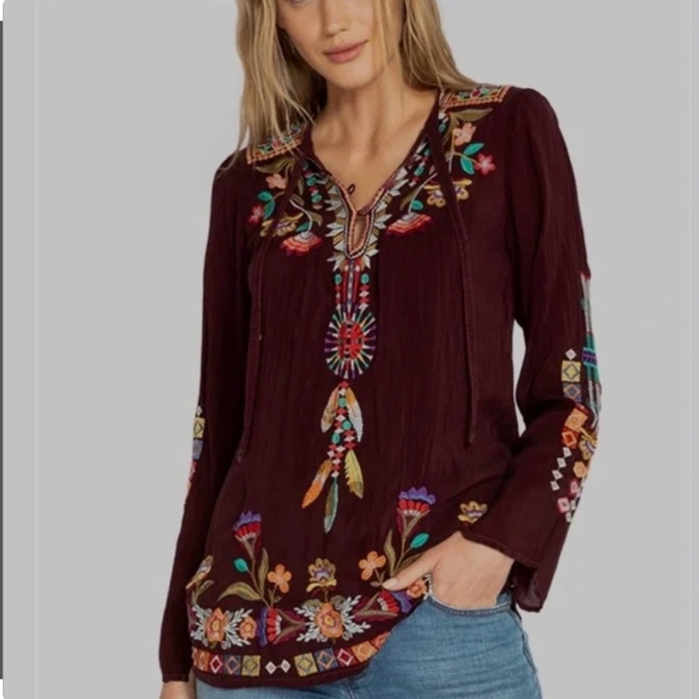 Johnny Was Free Spirit Embroidered Georgette Blouse - Size XL